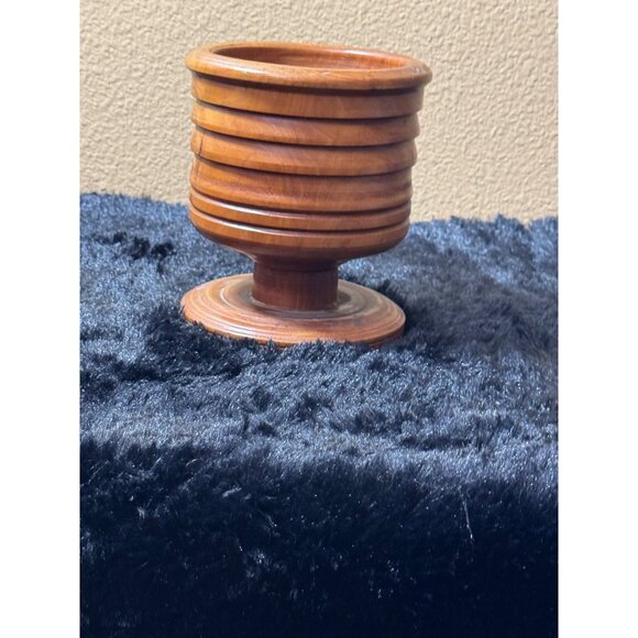 Vintage Handcrafted Turned Wooden Pedestal Bowl With Ribbed Design - Picture 6 of 7